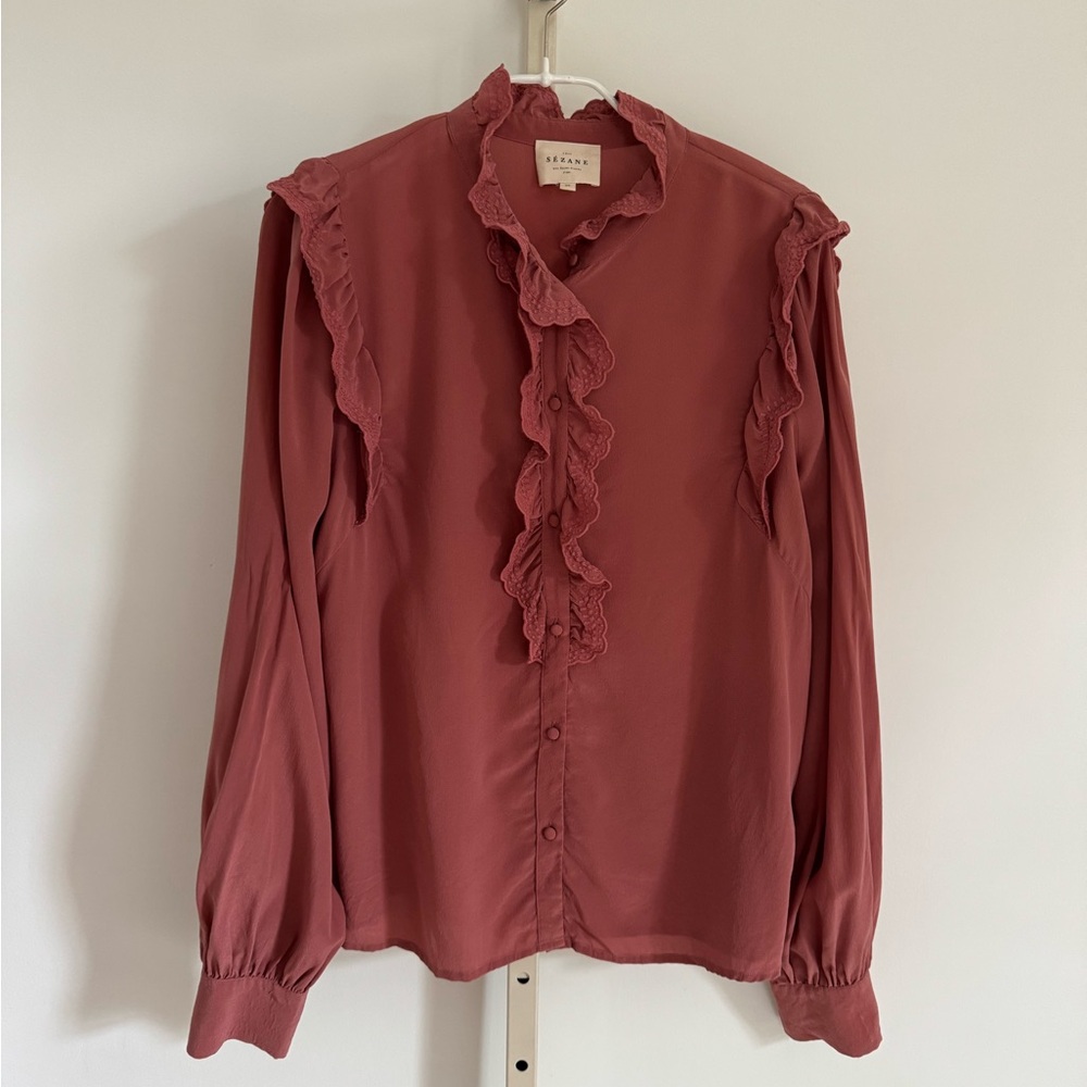 Sezane Dusty Rose Ruffle-Trim Blouse